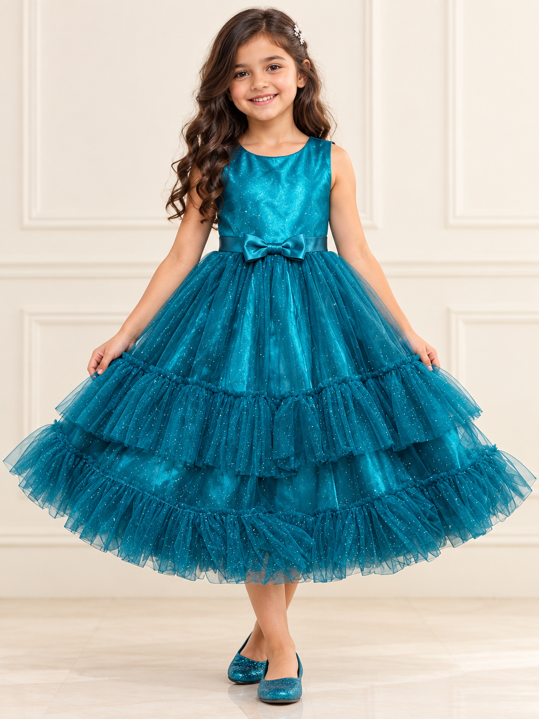 Teal Heavy Flared Two Tiered Party Wear Dress