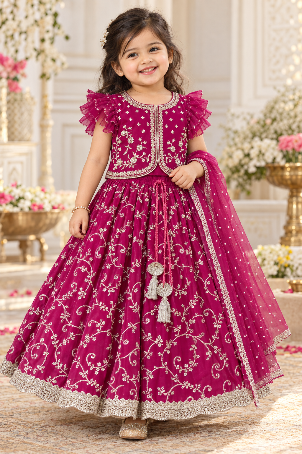 Magenta Embroidered Lehenga with Frill Sleeve and Shawl - Girls Ethnic Wear