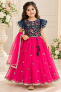 Navy Blue and Pink Embroidered Lehenga with Shawl - Girls Ethnic Wear