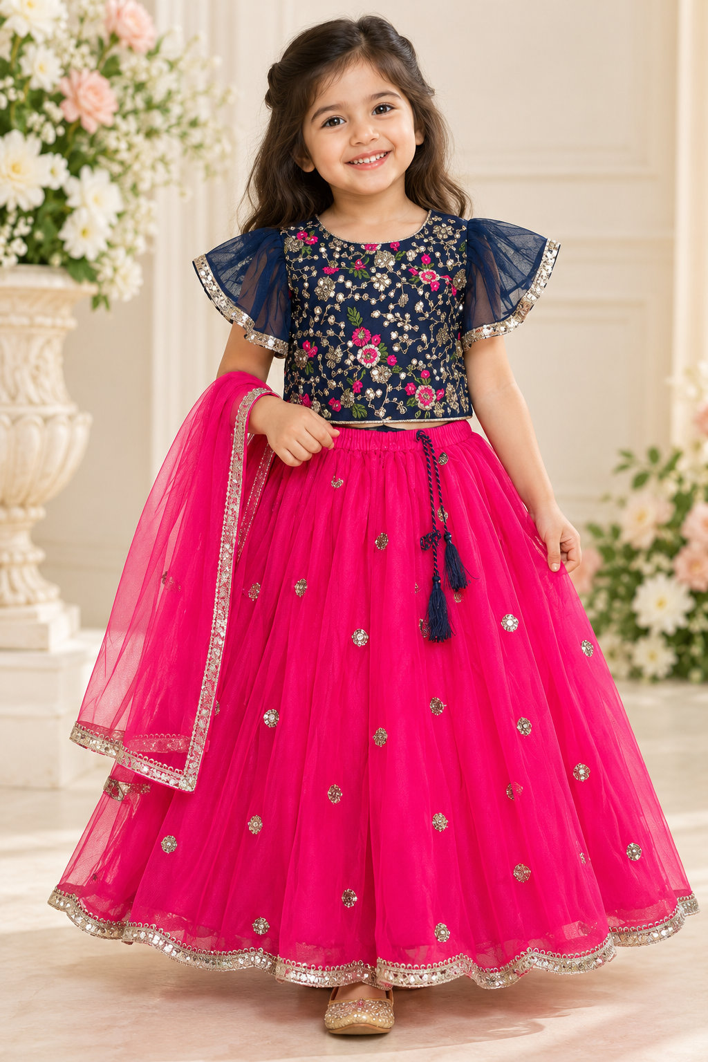 Navy Blue and Pink Embroidered Lehenga with Shawl - Girls Ethnic Wear