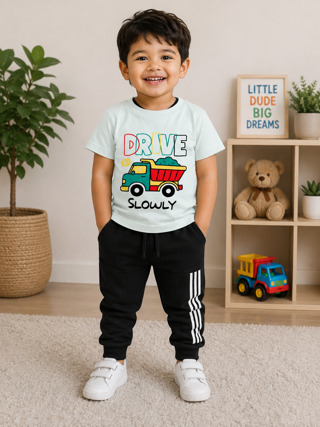 White printed T-Shirt with Black Joggers