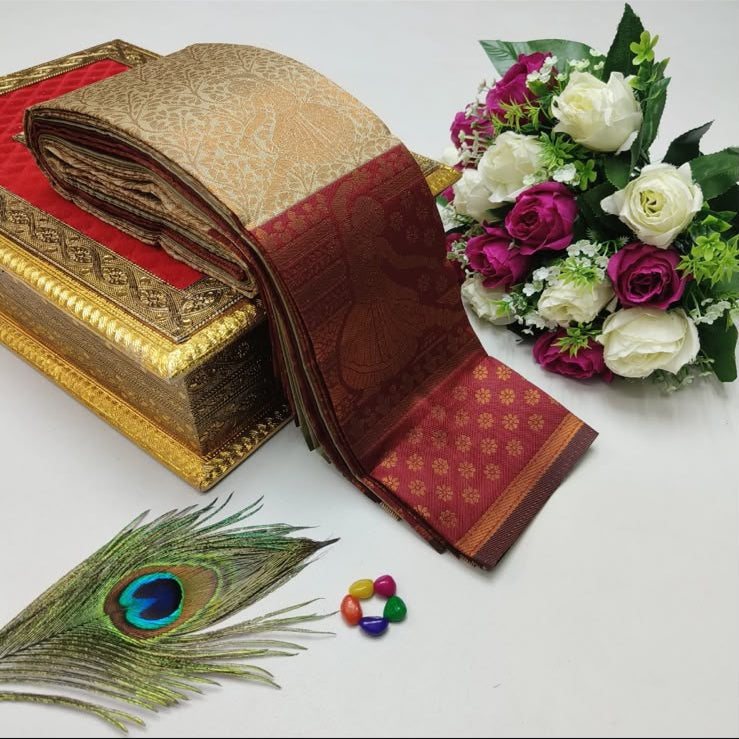 Beige and Maroon Zari Work Saree with Big Border