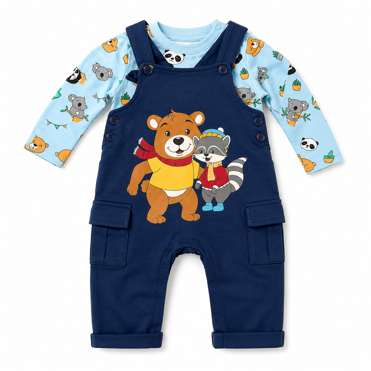 Blue Overalls with Printed T-Shirt