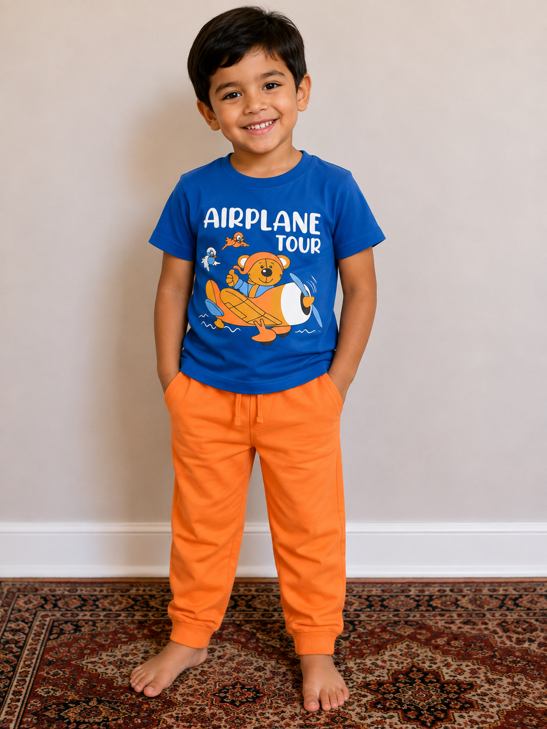 Blue Printed T-Shirt and Orange Pants