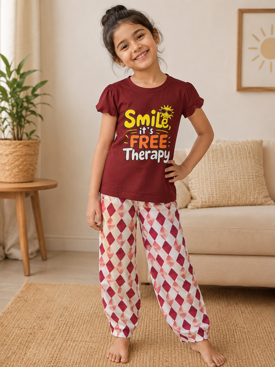Maroon Printed T-Shirt with Printed Pants