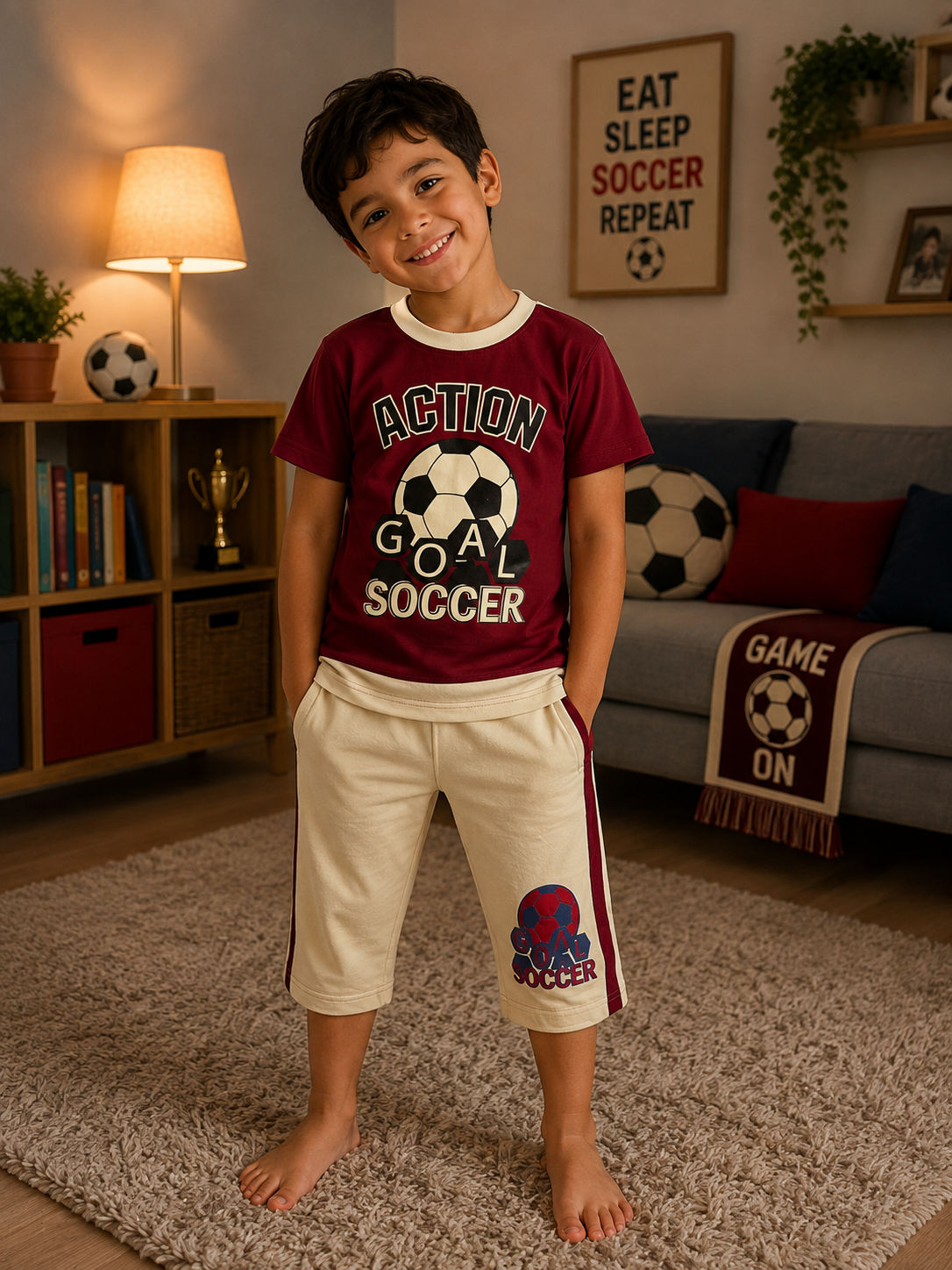 Maroon Soccer Theme T-Shirt with Beige Capri