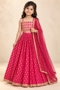 Magenta Flared Lehenga with Strap Sleeve Embroidered Top and Shawl - Girls Ethnic Wear