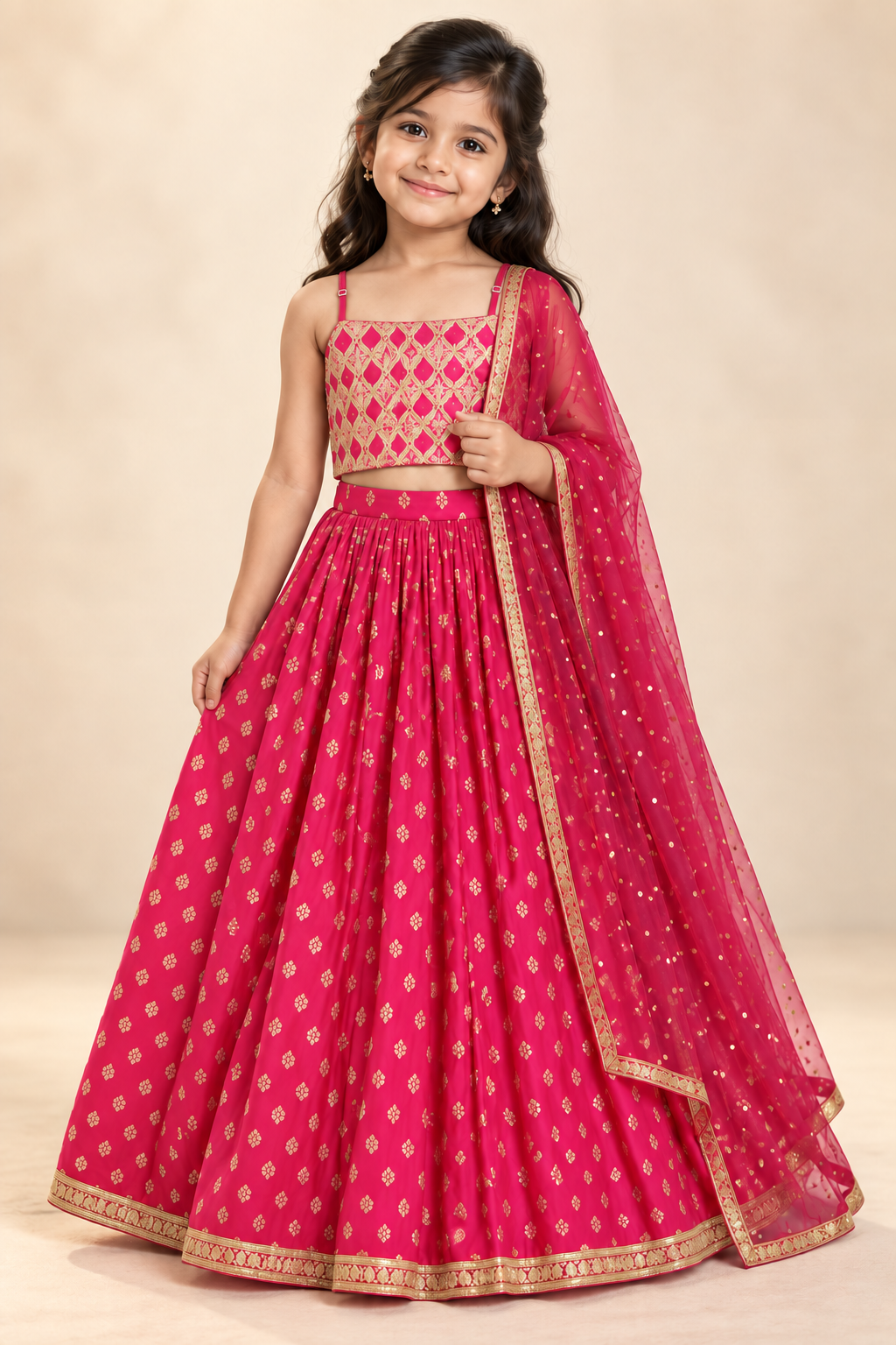 Magenta Flared Lehenga with Strap Sleeve Embroidered Top and Shawl - Girls Ethnic Wear