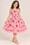 Red and Pink Heart Printed Party Wear Dress with Belt