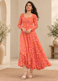 Orange Floral Printed Chiffon Flared Kurti / Maxi