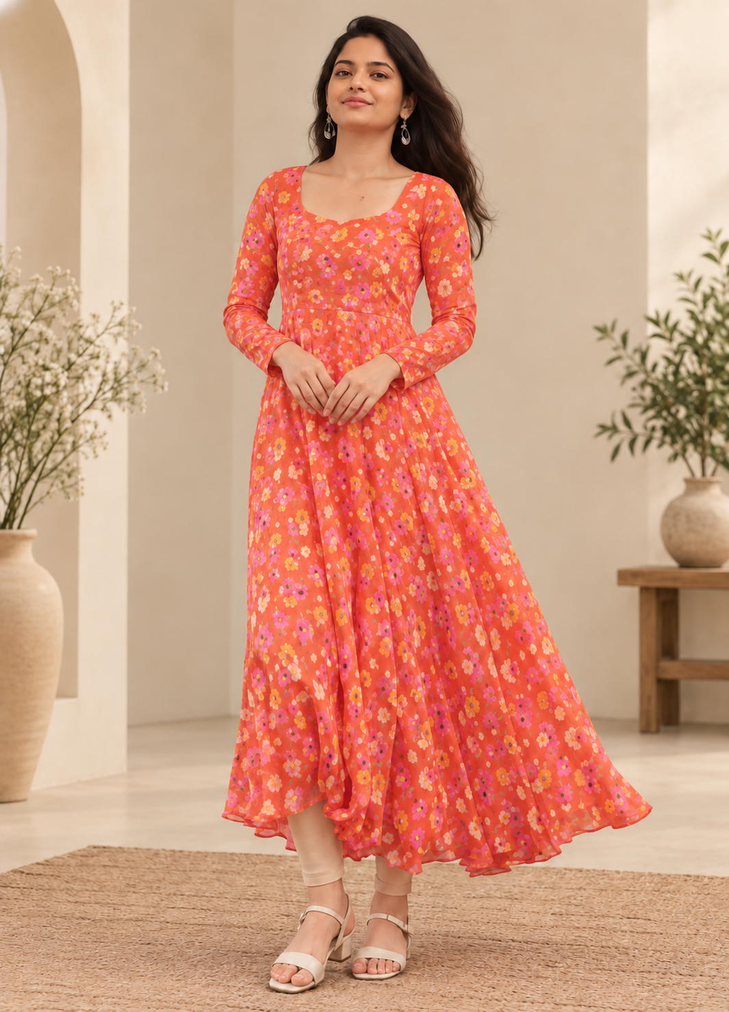 Orange Floral Printed Chiffon Flared Kurti / Maxi