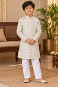 Off-White Diamond Patterned Kurta with Sequin Work and White Pant - Boys Ethnic Wear