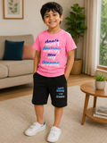 Pink Printed T-Shirt with Black Shorts