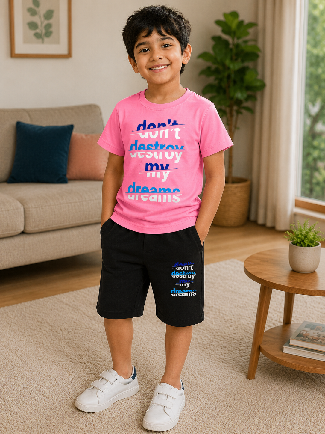Pink Printed T-Shirt with Black Shorts