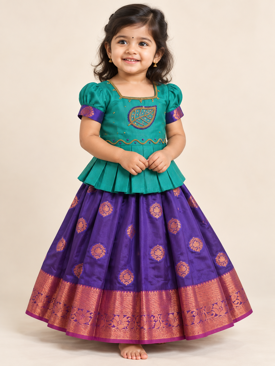Purple and Green Ethnic wear - Pattu Pavadai / Lehenga