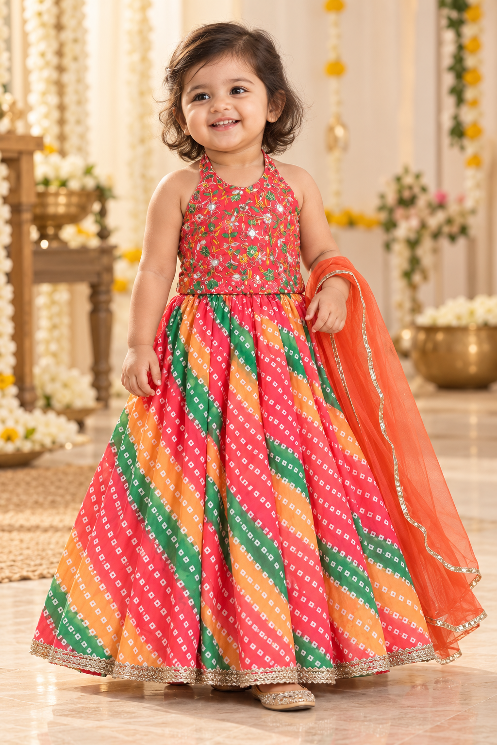 Orange and Green Embroidered Lehenga with Shawl - Girls Ethnic Wear