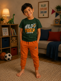 Dark Green Printed T-Shirt with Bright Orange Pants