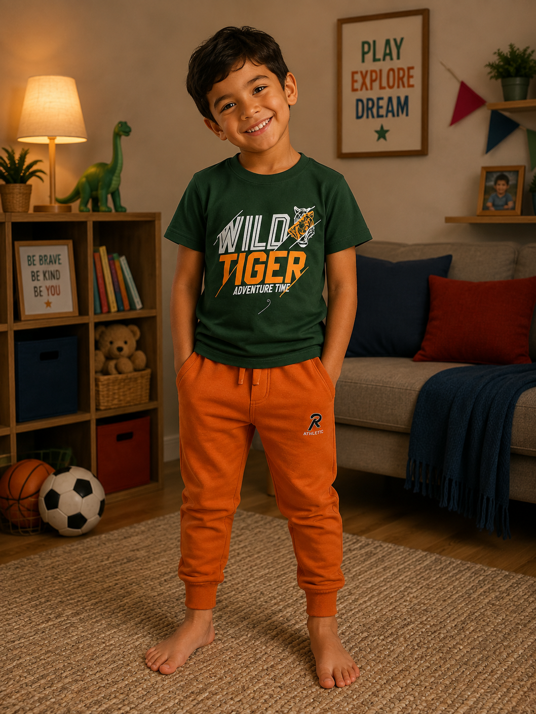 Dark Green Printed T-Shirt with Bright Orange Pants