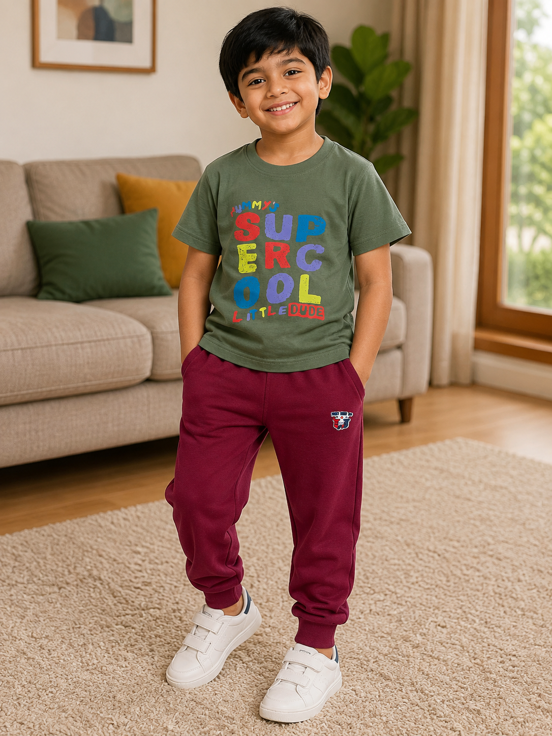 Dark Green Printed T-Shirt with Maroon Pants