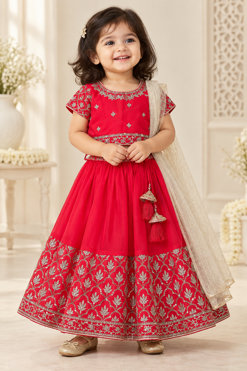 Red Embroidered Lehenga with Golden Shawl