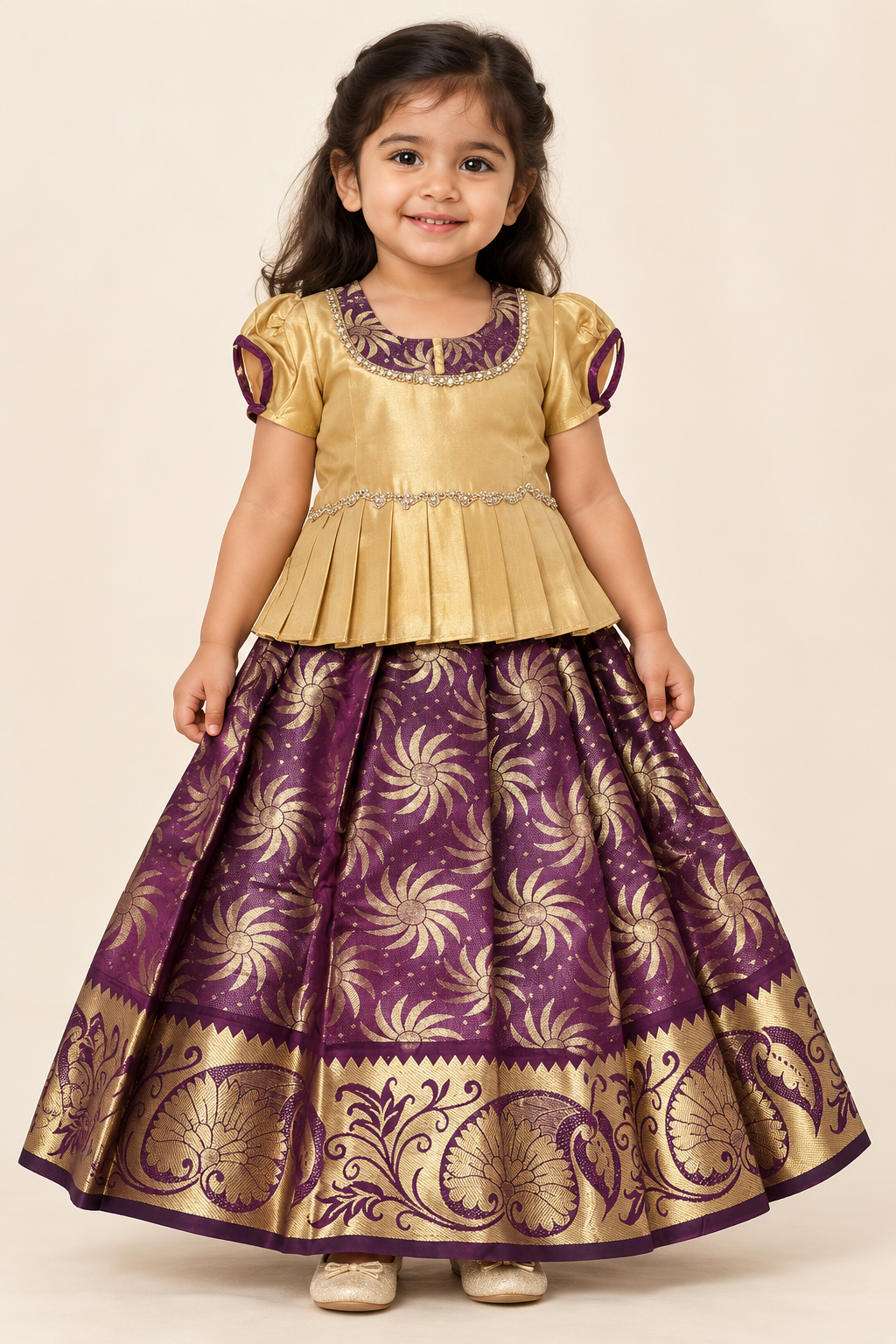 Brown and Gold Pattu Pavadai / Lehenga - Girls Ethnic Wear