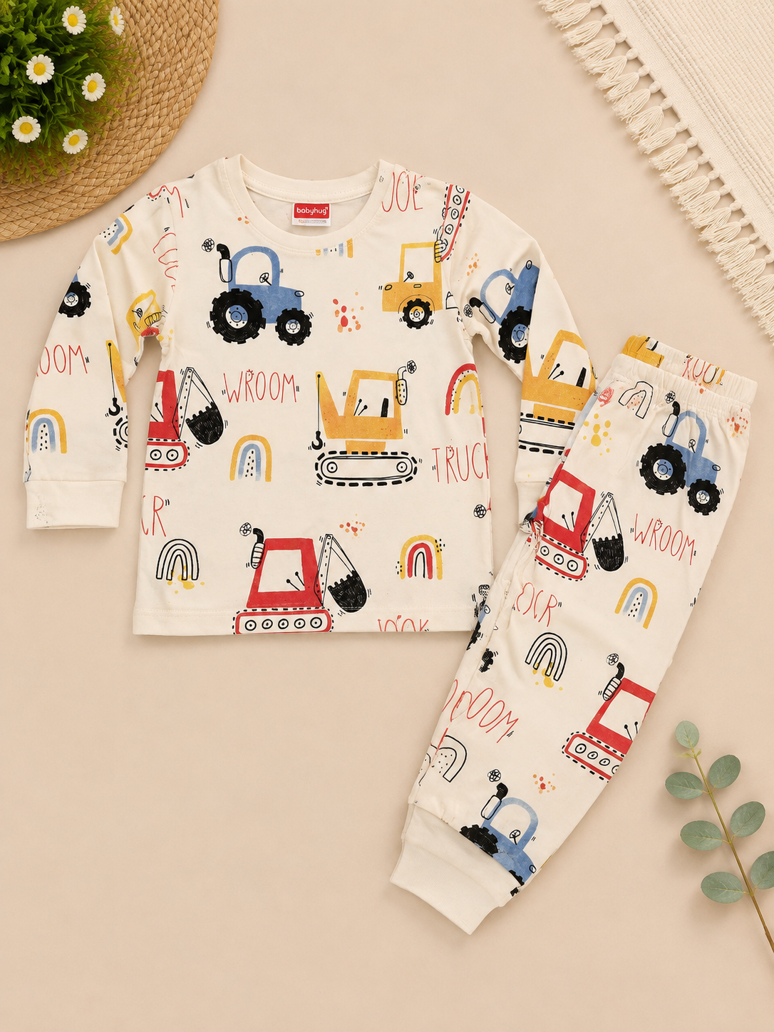 White Vehicle Theme Printed PJ Set