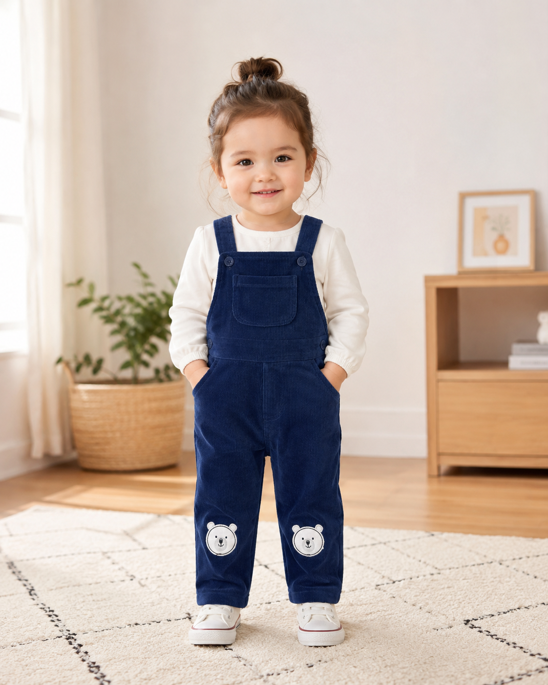White T-Shirt and Blue Velvet Overalls