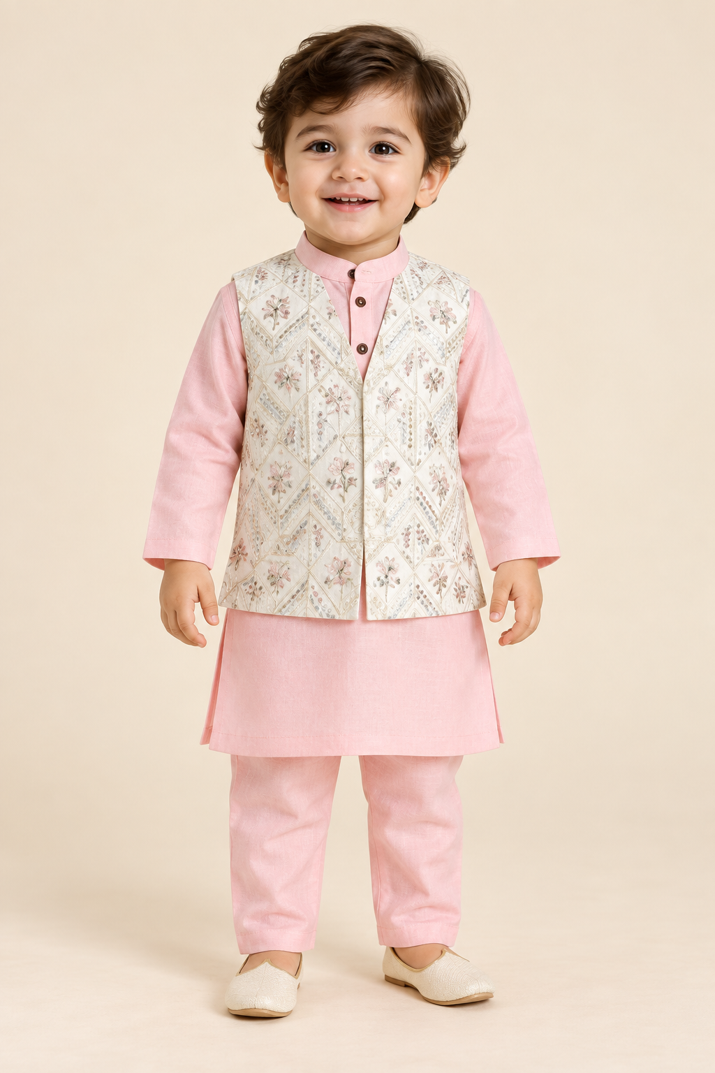 Peach and Silver Embroidered Kurta Set - Boys Ethnic Wear