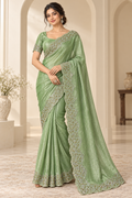 Mint Green Space Silk Saree with Stonework Border (Unstitched Blouse)