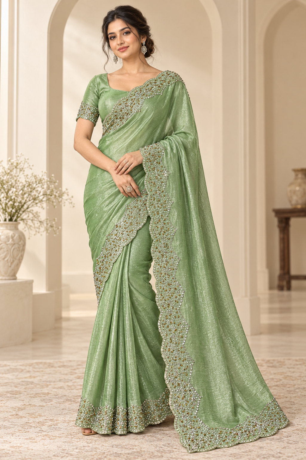 Mint Green Space Silk Saree with Stonework Border (Unstitched Blouse)
