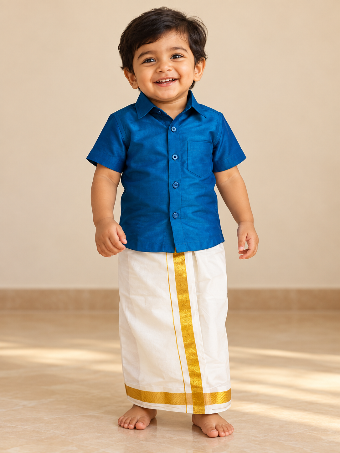 Blue Shirt and Dhoti with Elastic Waist - Boys Ethnic Wear