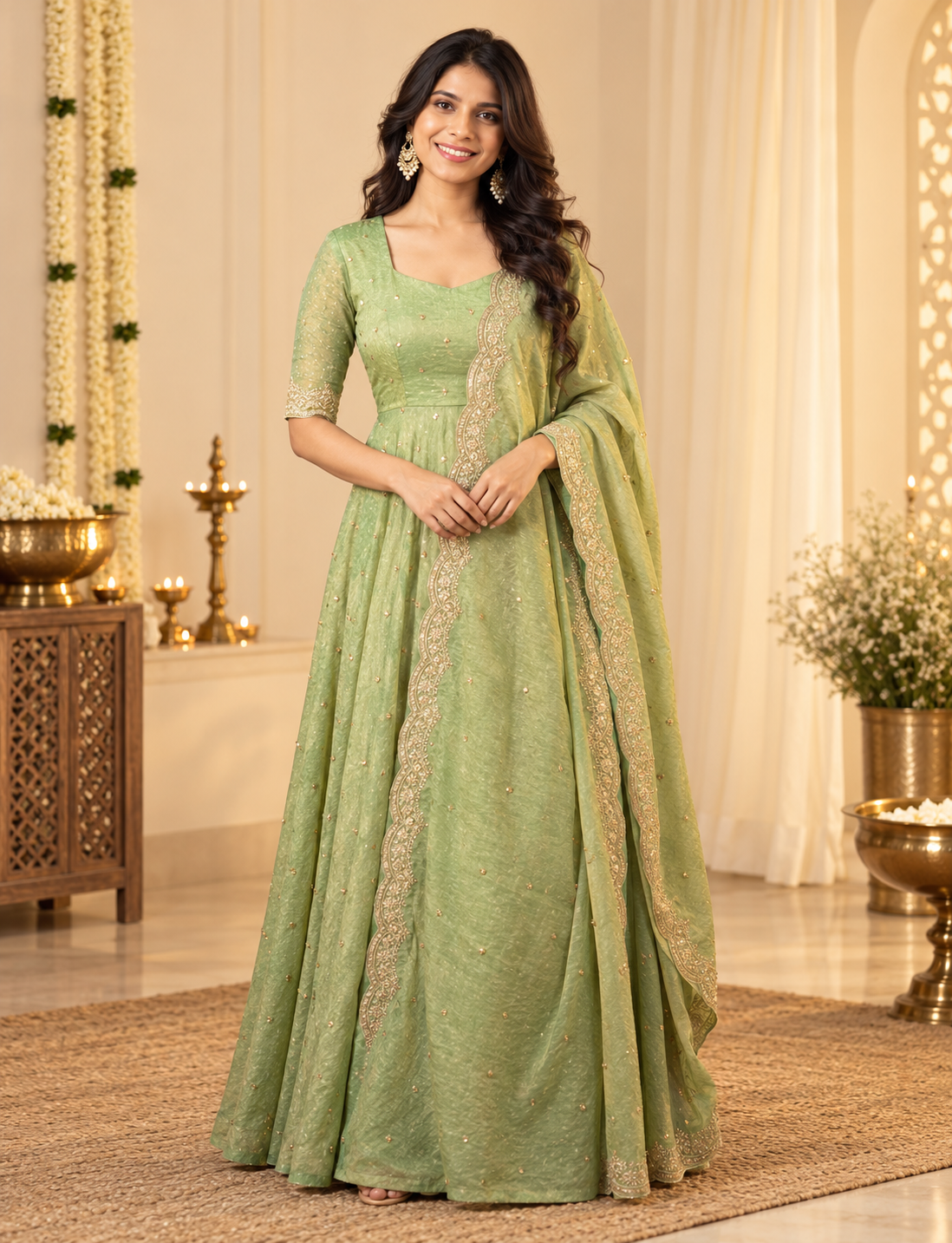 Mint Green Embroidered Party Wear Maxi with Embroidered Shawl (Pant not included)