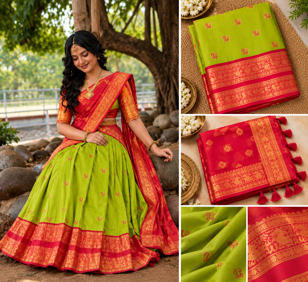 Parrot Green and Red Half Saree / Lehenga Unstitched Material