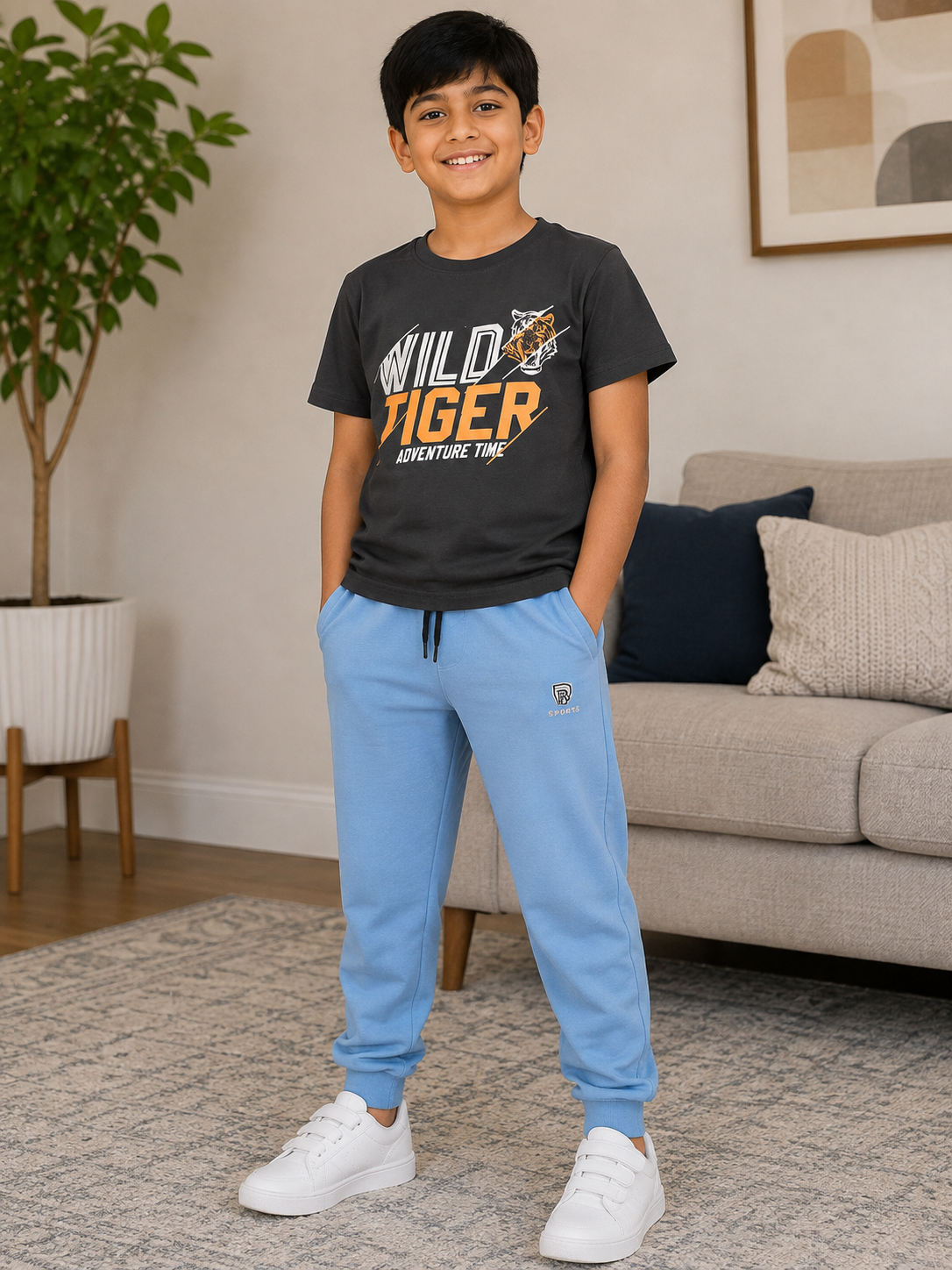 Black Printed T-Shirt and Pastel Blue Pants
