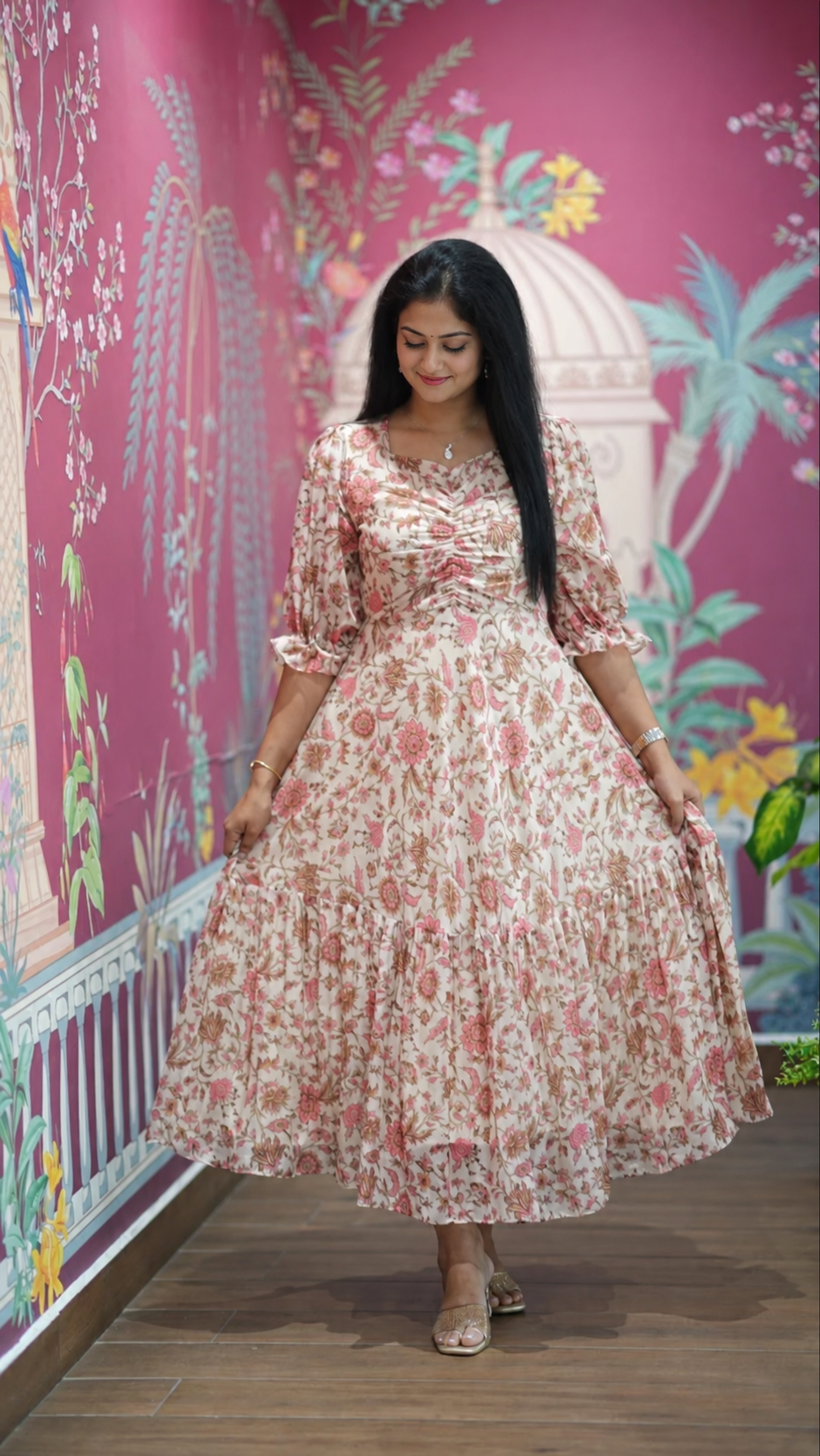 White Floral Printed Trendy Chiffon Kurti / Maxi