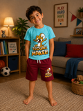 Bright Blue Character Print T-Shirt with Red Shorts