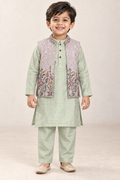 Mint Green Boys Ethnic Wear Set with Silver Sequinned and Embroidered Overcoat