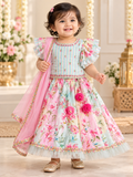 White Embroidered Top with Pink Floral Lehenga and Shawl - Girls Ethnic Wear
