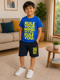 Bright Blue Printed T-Shirt with Black Shorts