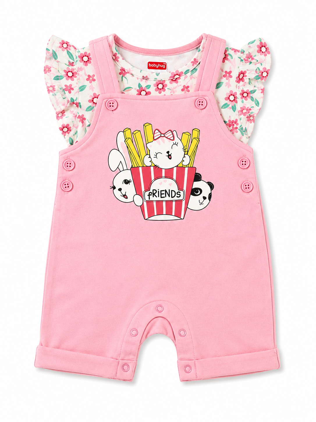 Pink Overalls with White Floral Printed T-Shirt