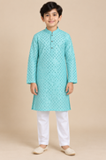 Blue Embroidered Kurta with Mirror Work and White Pants -  Boys Ethnic Wear