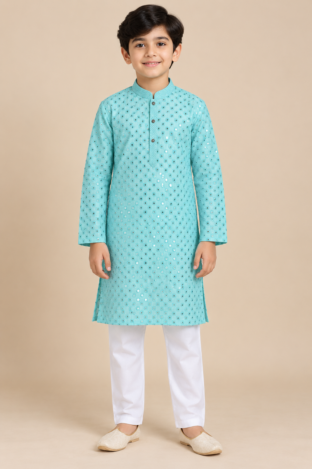 Blue Embroidered Kurta with Mirror Work and White Pants -  Boys Ethnic Wear