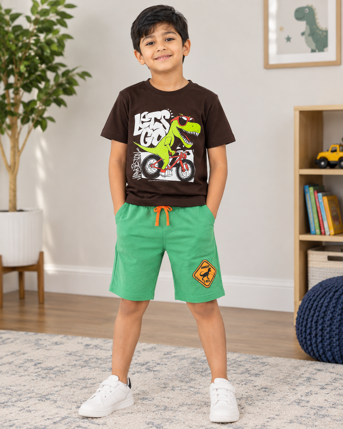 Brown Printed T-Shirt and Green Shorts Set