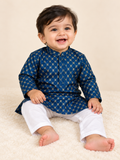 Navy Blue Embroidered Kurta and White Pants -  Boys Ethnic Wear