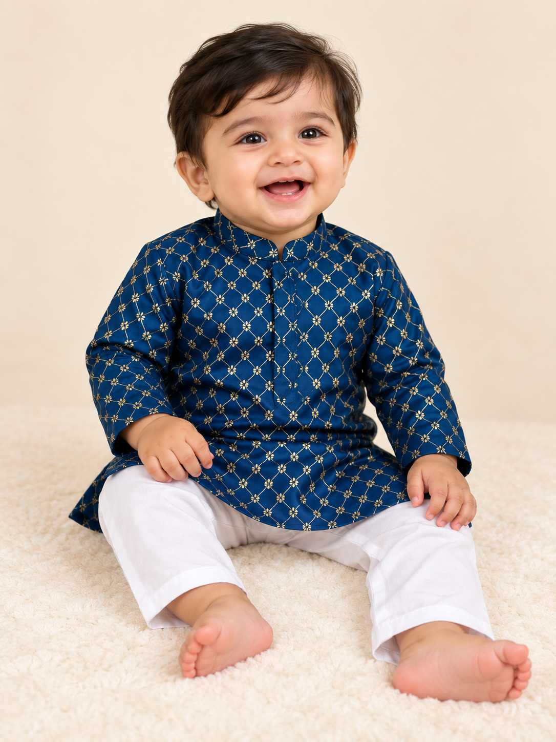 Navy Blue Embroidered Kurta and White Pants -  Boys Ethnic Wear