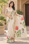 Beige Floral Printed Linen Cotton Saree