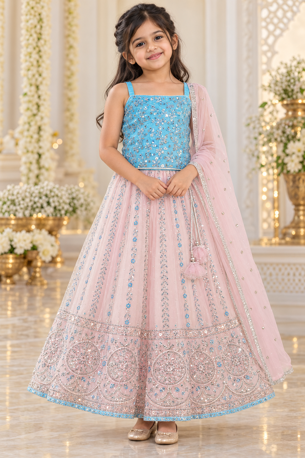 Pastel Blue Heavy Work Top and Pastel Pink Heavy Lehenga with Shawl - Girls Ethnic Wear