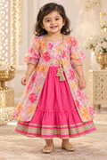 Pink Dress with Floral Overcoat - Girls Ethnic Wear