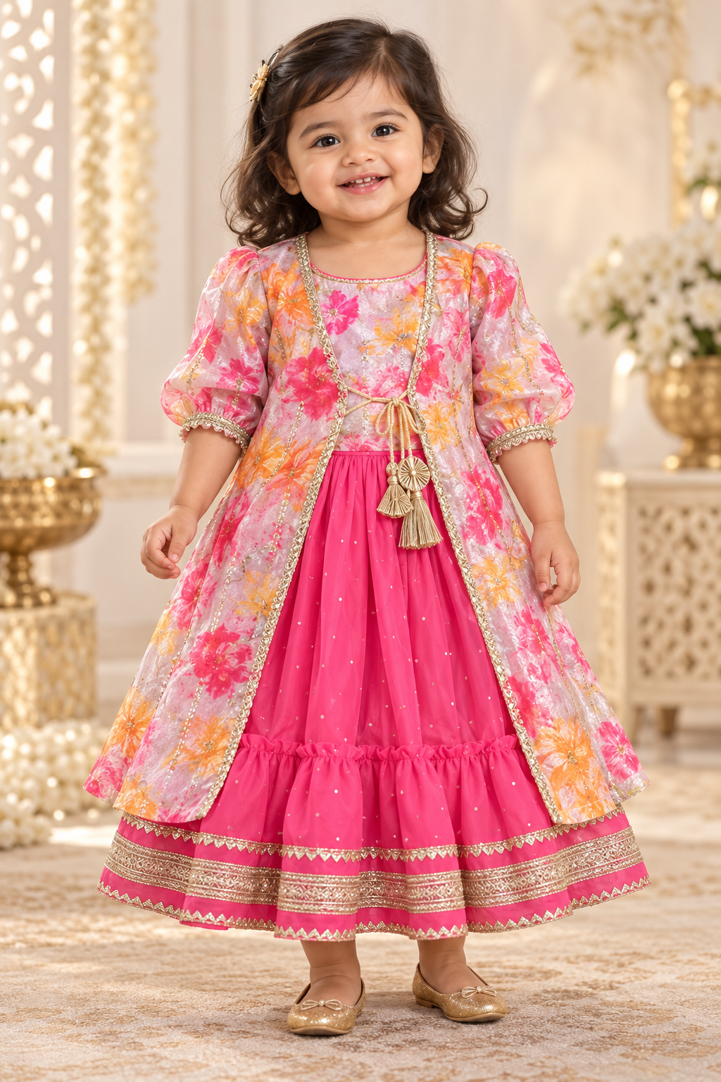 Pink Dress with Floral Overcoat - Girls Ethnic Wear