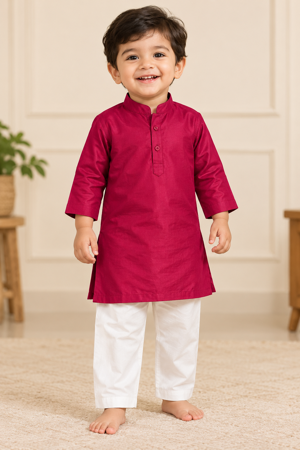 Red Kurta with White Pant - Boys Ethnic Wear